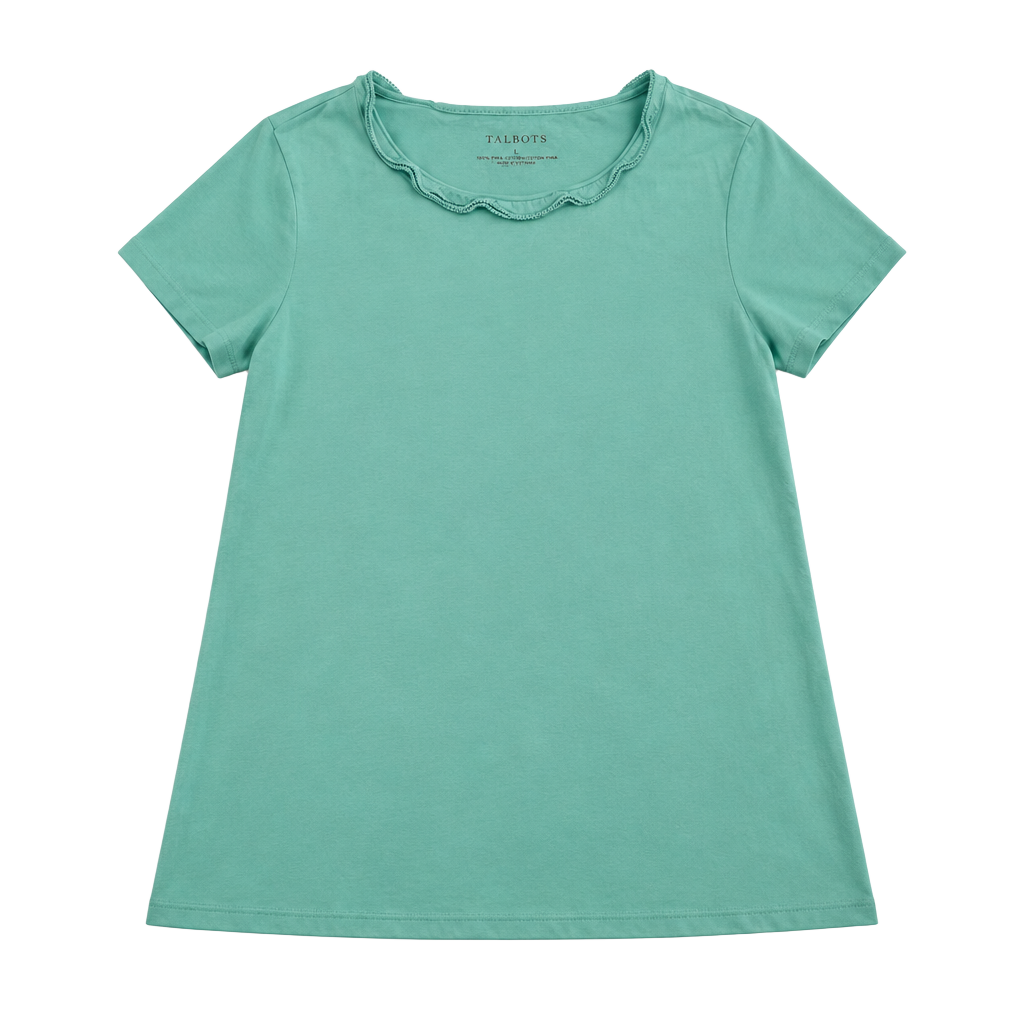Talbots Pima Cascade Crewneck Tee Size L Green Ruffle Collar Short Sleeve 1