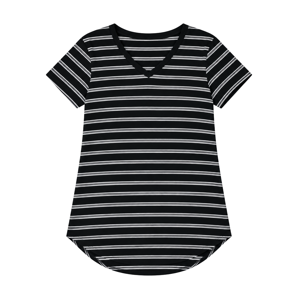 Time And Tru Striped V-Neck T-Shirt Size M (8-10) Black White Short Sleeve 1