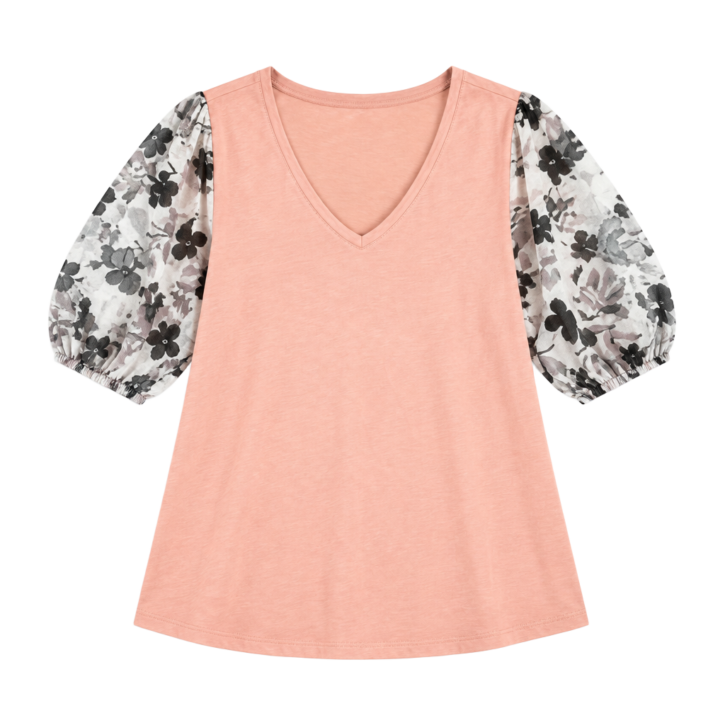 Ces Femme Floral Puff Sleeve V-Neck Top Pink 1