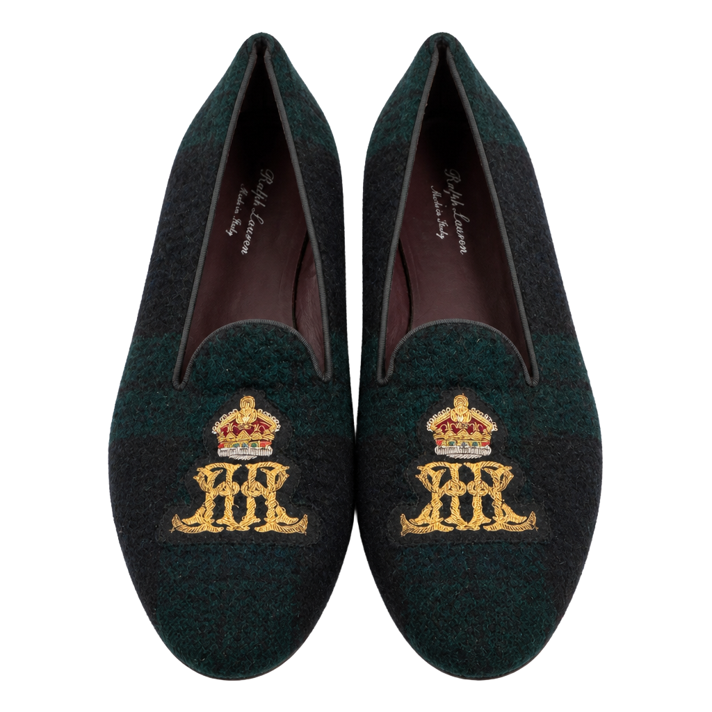 Ralph Lauren Men's Plaid Wool Embroidered Crest Slippers Made in Italy 1