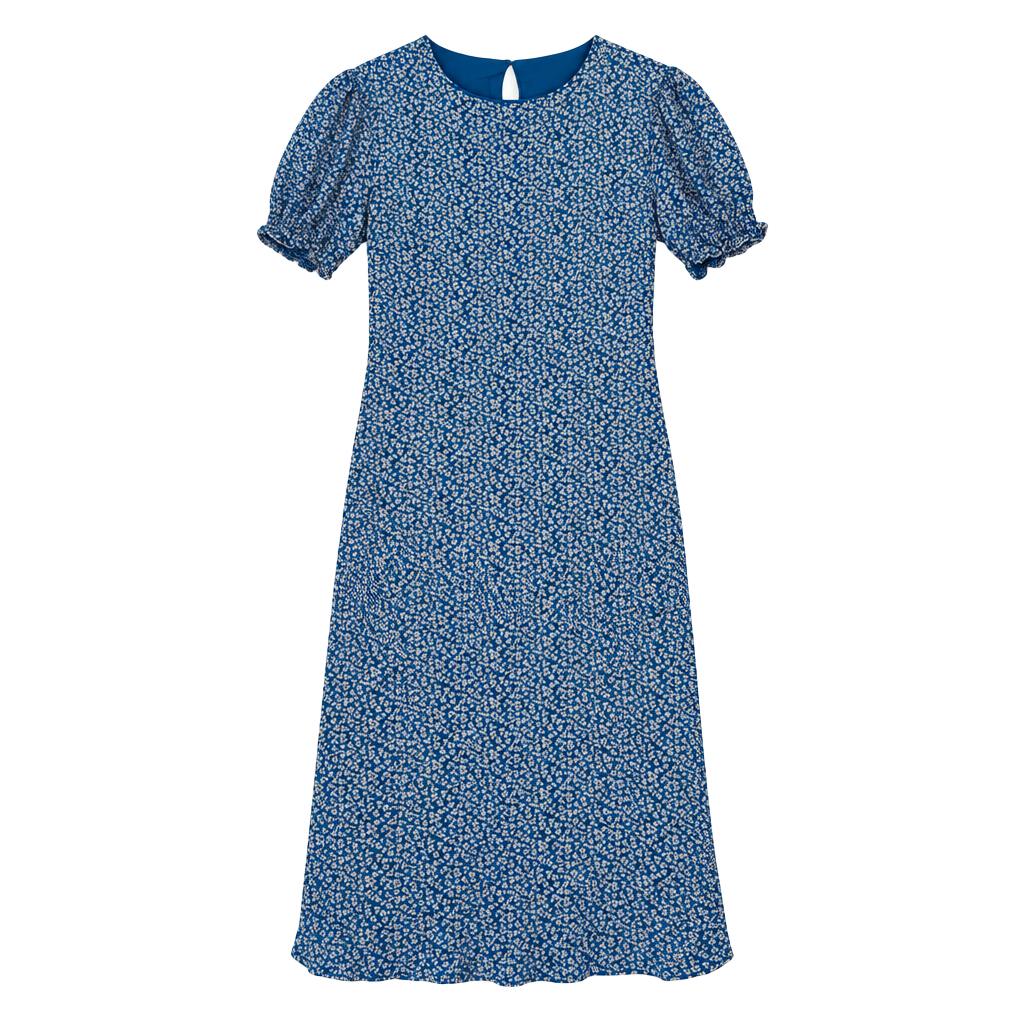 dip Blue Ditsy Floral Midi Dress Size 4 Short Sleeve Puff Sleeve A-Line Dress 1