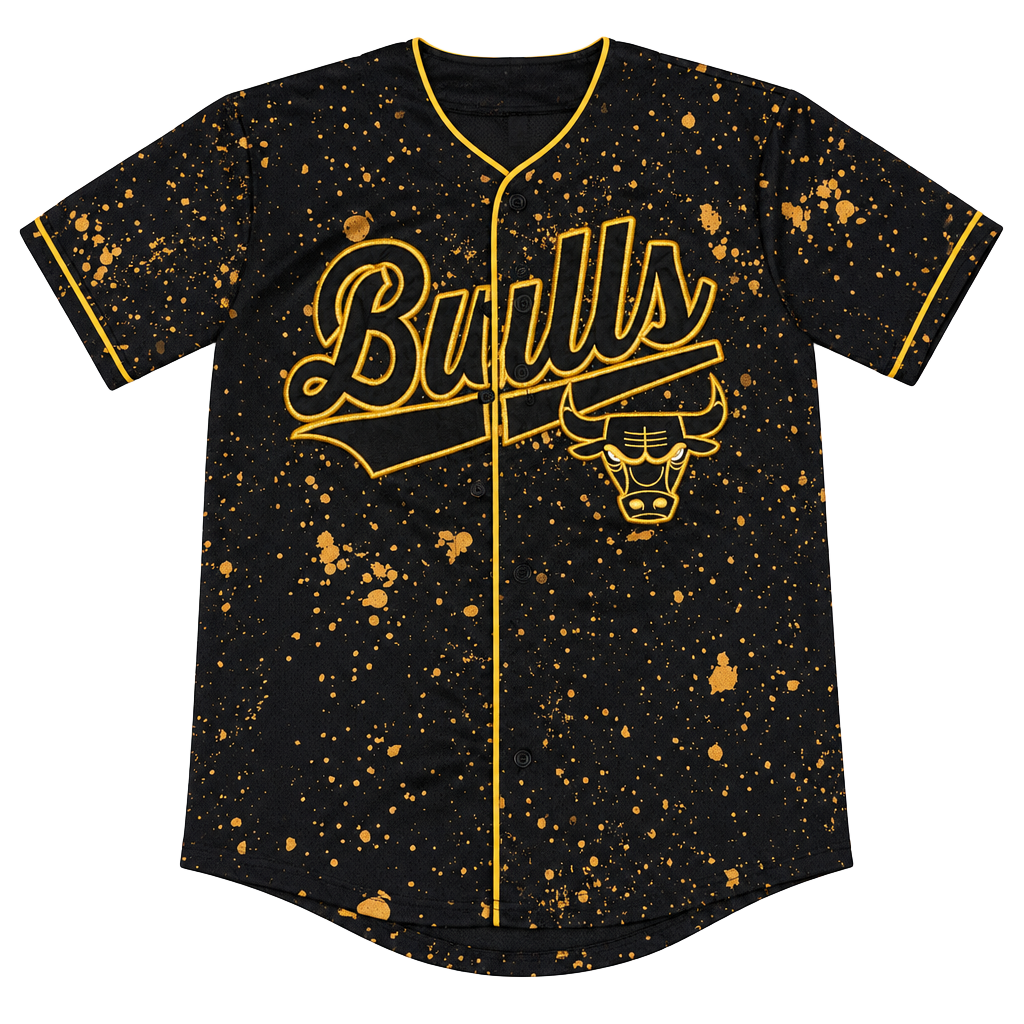 NBA Chicago Bulls Size Medium Black Gold Paint Splatter Baseball Jersey 1