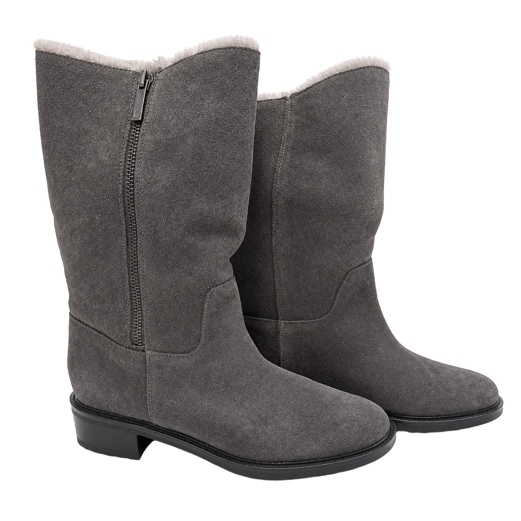Bandolino Gray Suede Mid-Calf Boots with Faux Fur Lining and Side Zip Size 7M 1
