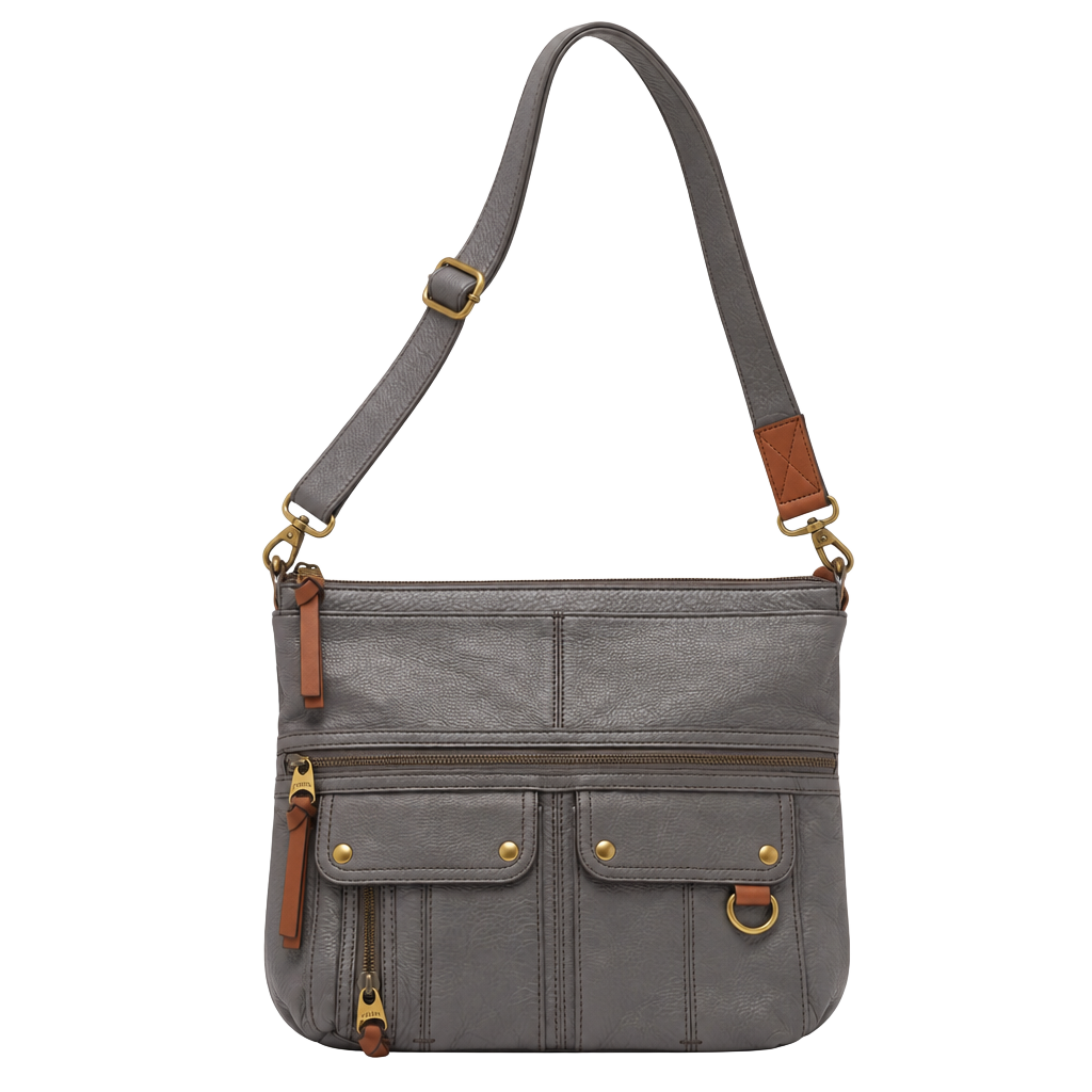Fossil Morgan Traveler Pebbled Leather Grey Crossbody Messenger Bag 1