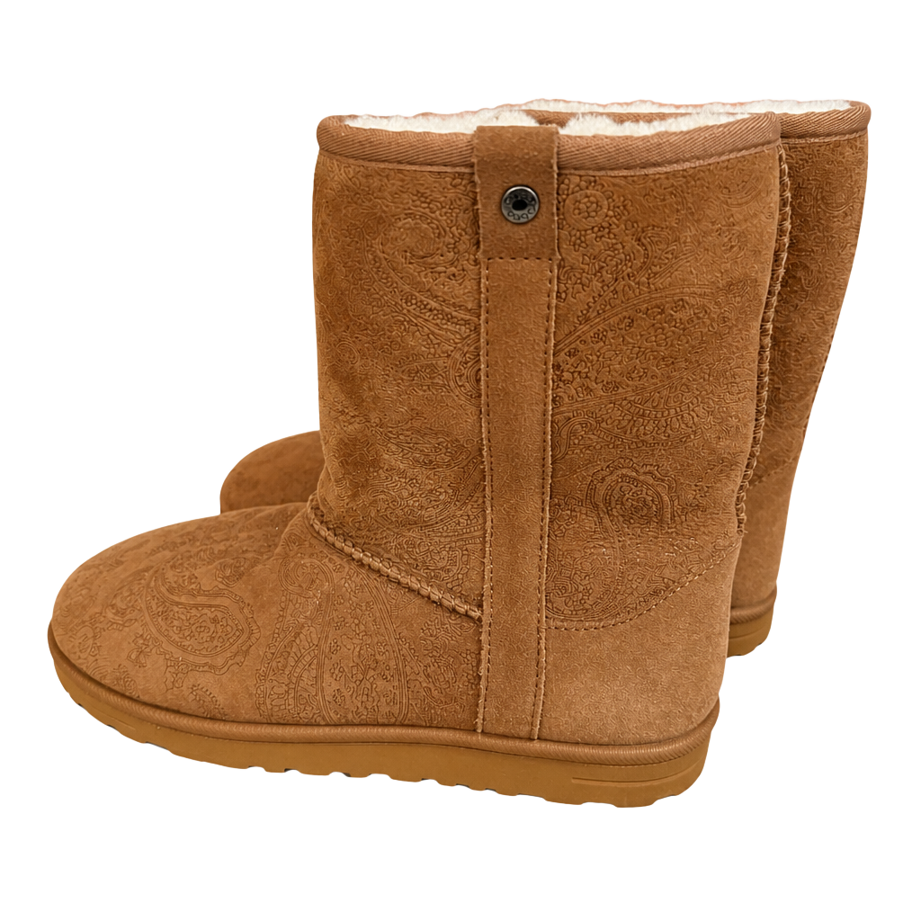 Abeo Chestnut Suede Paisley Print Cozy Winter Boots 1