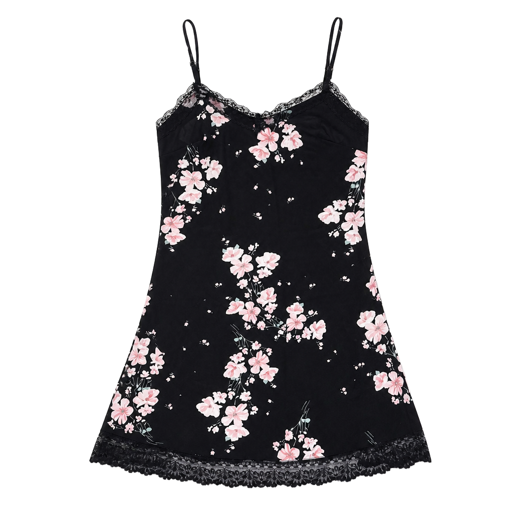 New Look Floral Slip Dress Size M Black Pink Cherry Blossom Lace Trim 1