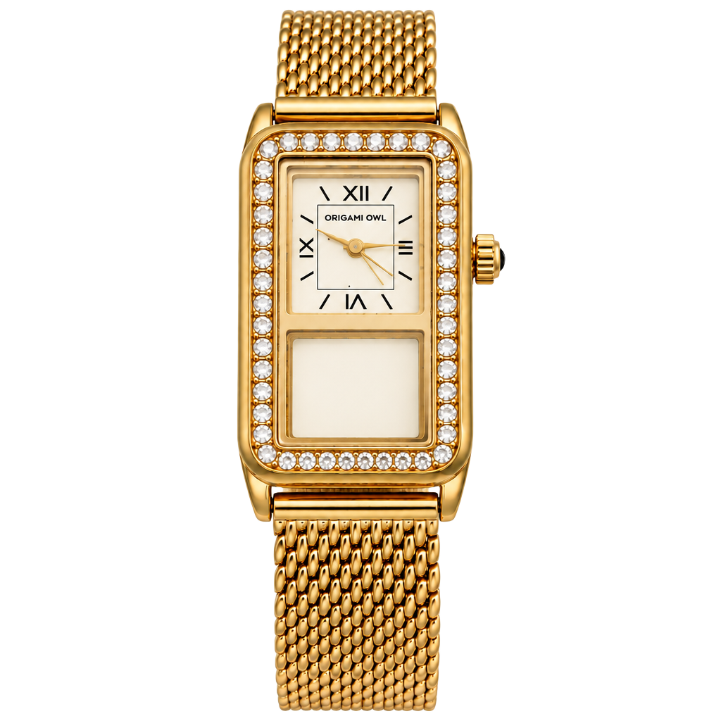 Origami Owl Gold Tone Rhinestone Mesh Watch 1