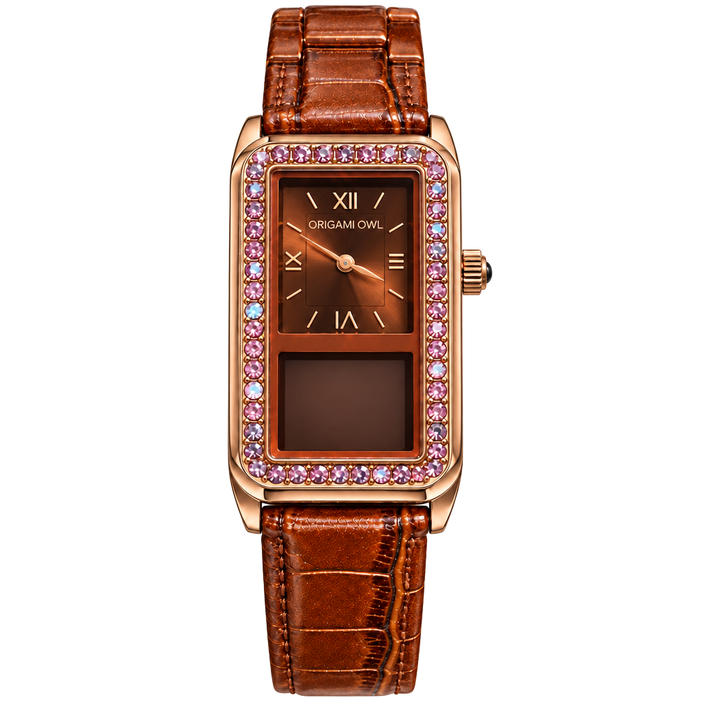 Origami Owl Chocolate Crystal Rectangle Watch with Leather Strap 1