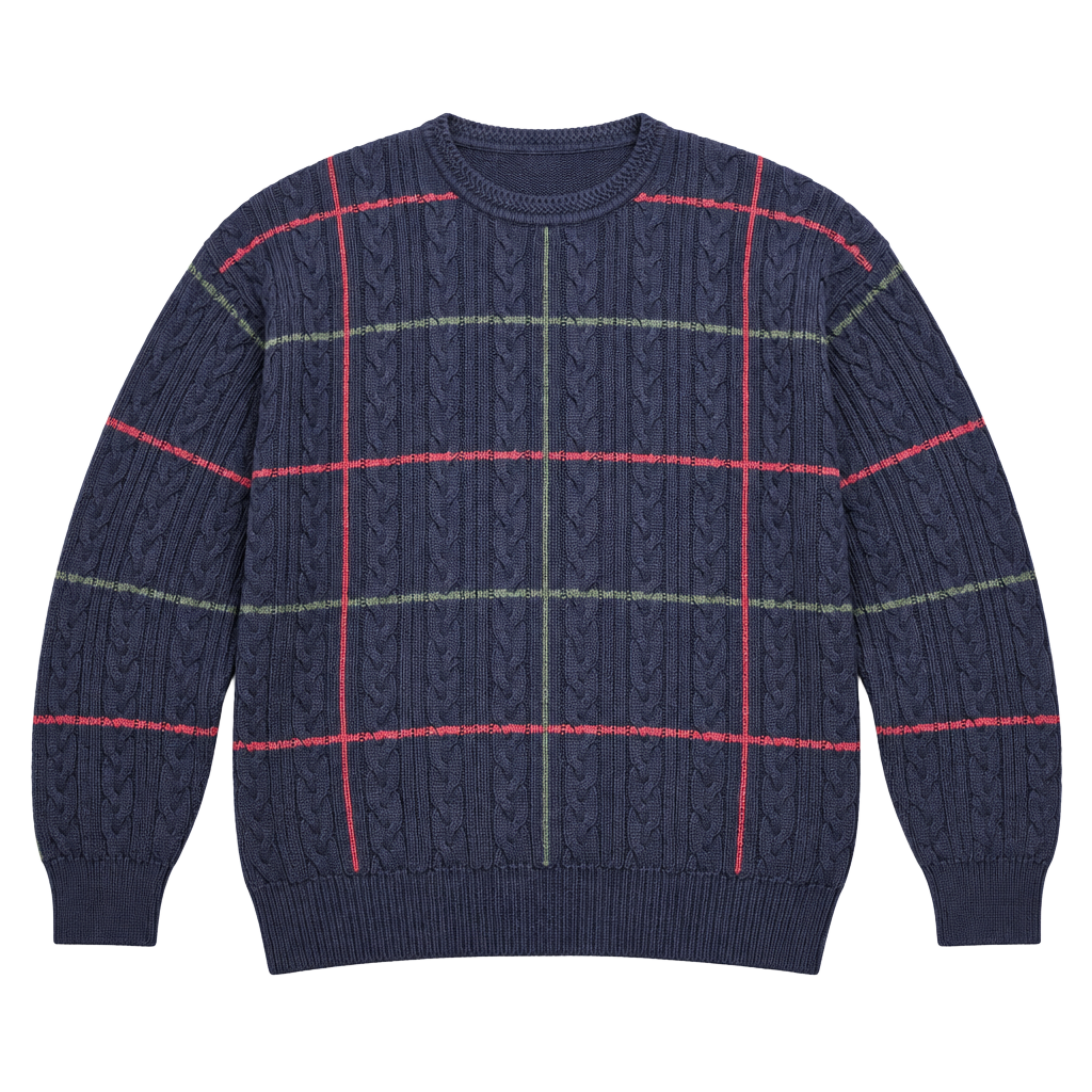 Vintage Woods & Gray Cable Knit Plaid Sweater Navy XL 1
