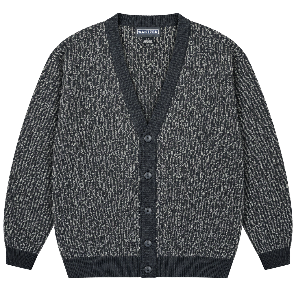 Jantzen Cardigan Sweater Size L Black Gray Geometric V-Neck 1
