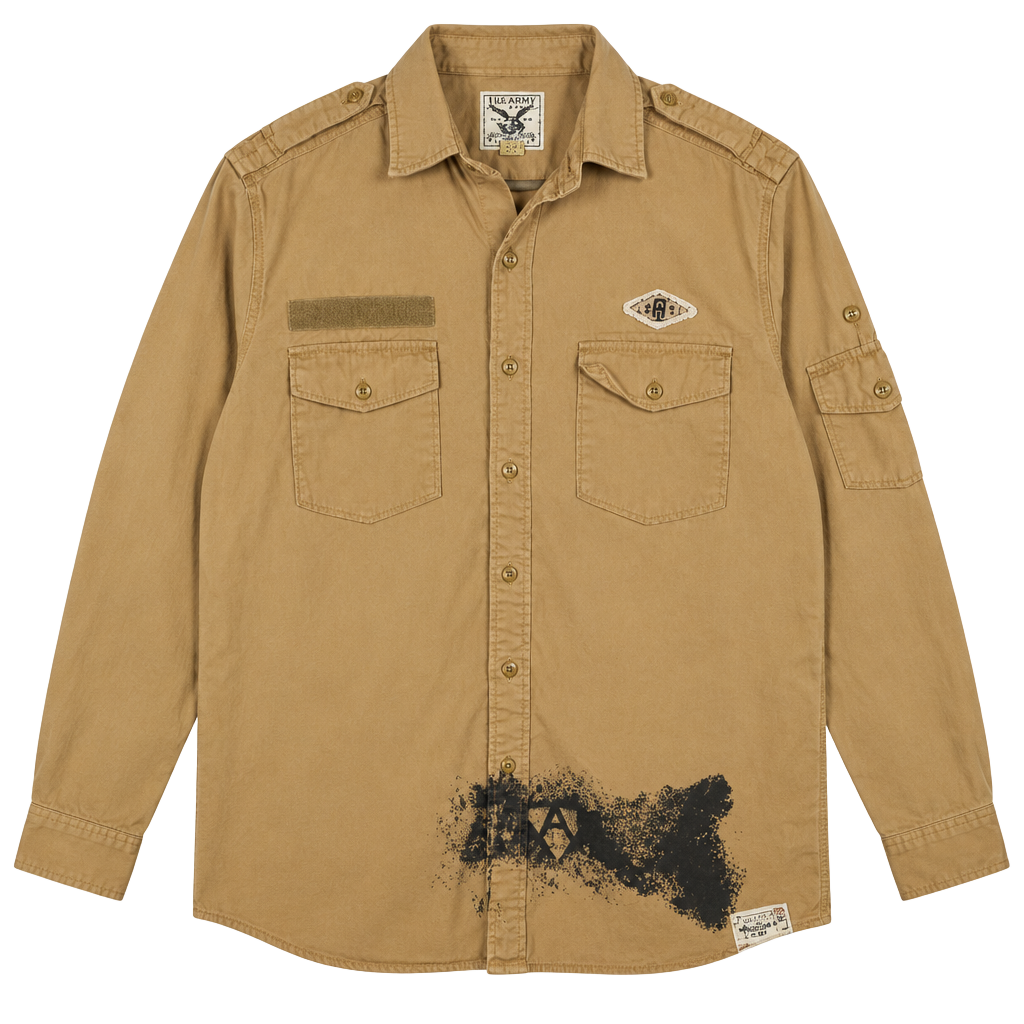 American Living Military Style Button Up Shirt Tan Long Sleeve 1