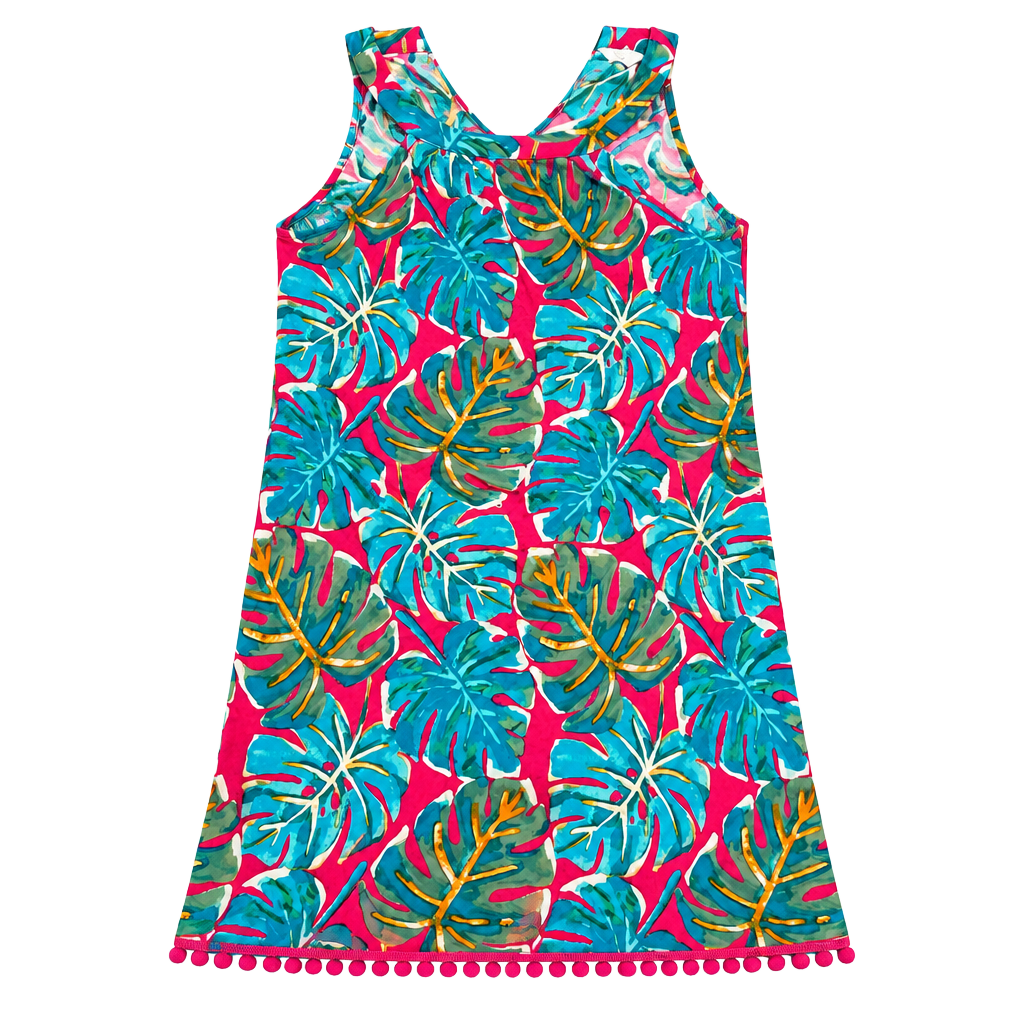 Crown & Ivy Tropical Leaf Dress Petite Pom Pom Hem Pink Blue 1
