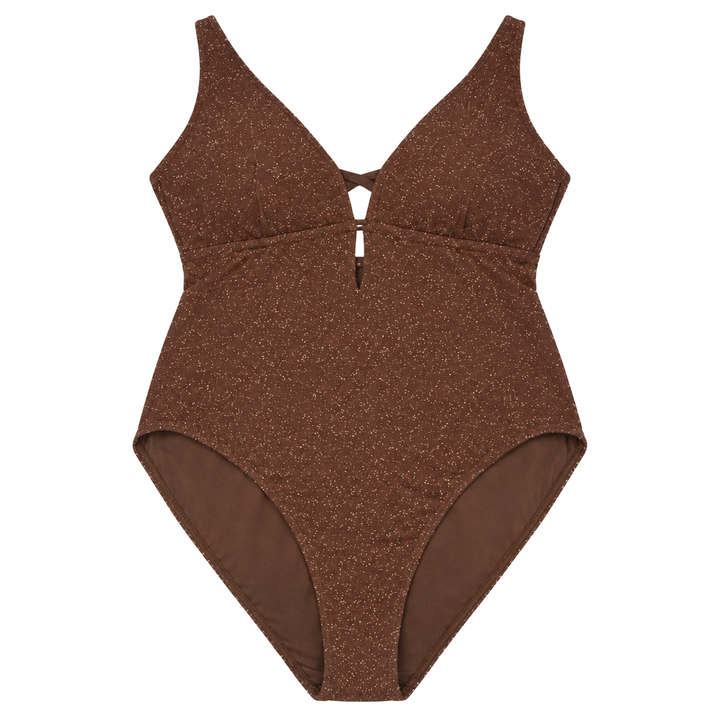 Berlook Dark Coffee Lurex Ruched Tummy Control One Piece Swimsuit US 20 1