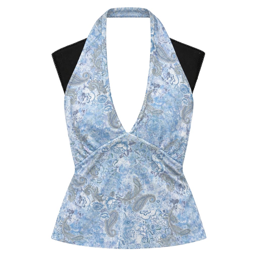 See You Monday Halter Tank Top Size L Blue Paisley Floral Cowl Neck 1