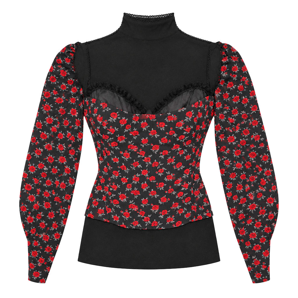 Moda Rose Print Corset Top | Off-Shoulder Puff Sleeve Bustier | Size M 1