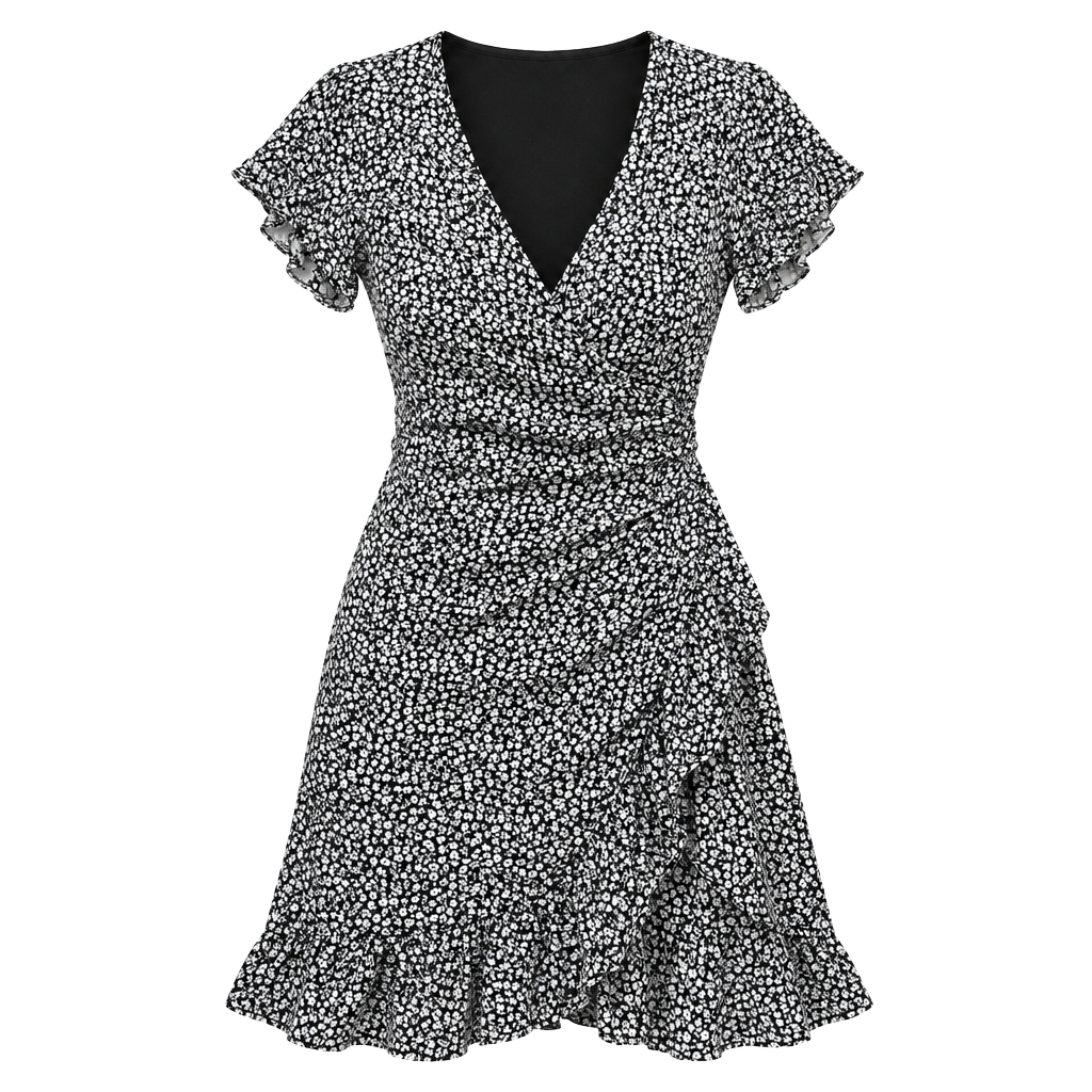 Billabong Black & White Ditsy Floral Wrap Mini Dress S | Ruffle Flutter Sleeve | 1