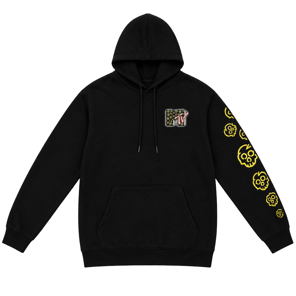 Mtv Classic Skull Print Logo Hoodie Size L Black Pullover 1