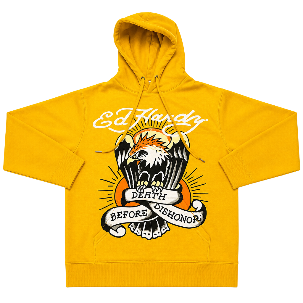 Ed Hardy Death Before Dishonor Eagle Graphic Fleece Pullover Mustard Yellow Hoodie 1