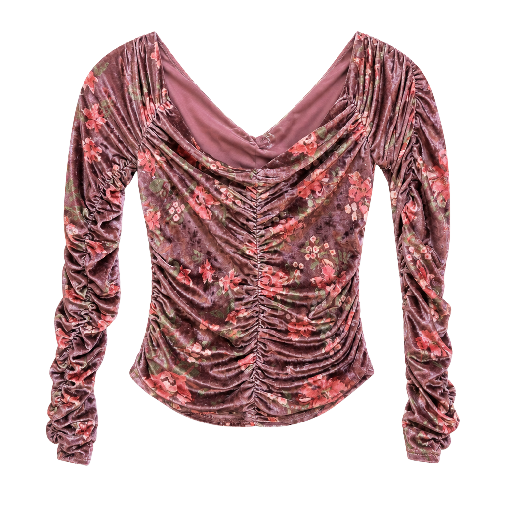 Free People Reina Top Floral Velvet Brown Ruched Off Shoulder Long Sleeve 1