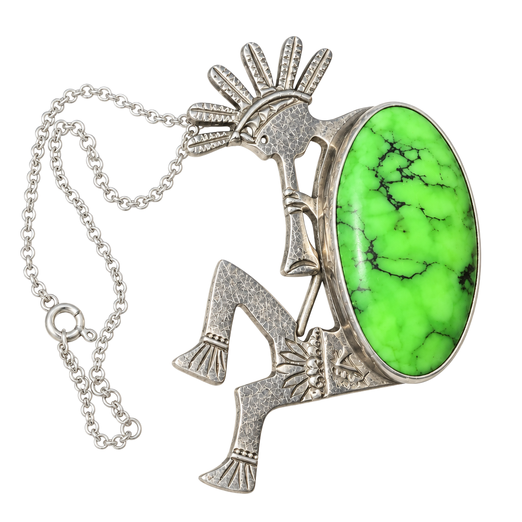 E.G. Bighand Sterling Silver Kokopelli PendantRARE Large Green Turquoise Stone. 1