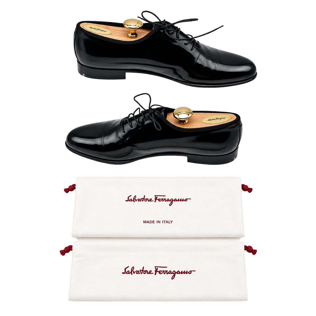 Salvatore Ferragamo Mens7.5D Black Leather Oxford Dress Shoes Rare Pattern Italy 1