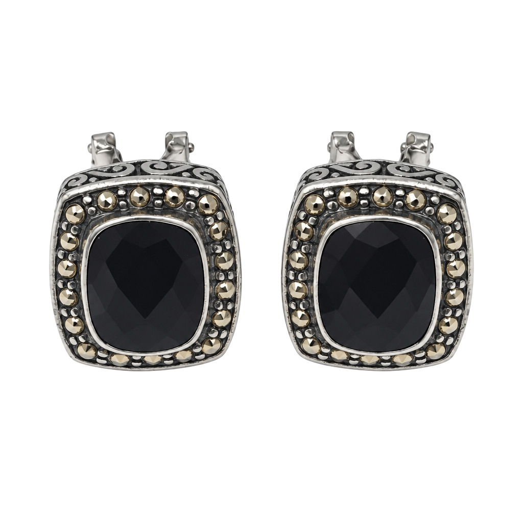 EFFY Balissima 925Sterling Silver Black Onyx Two Tone 18KGold Omega BackEarrings 1