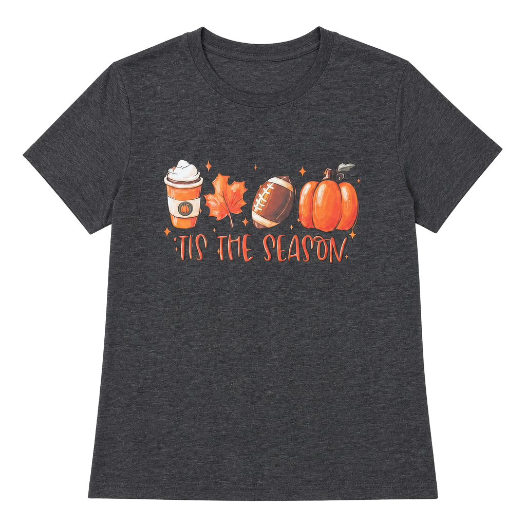 Tis the Season Fall T-Shirt with Pumpkin, Football, Leaf, and Coffee Print 1