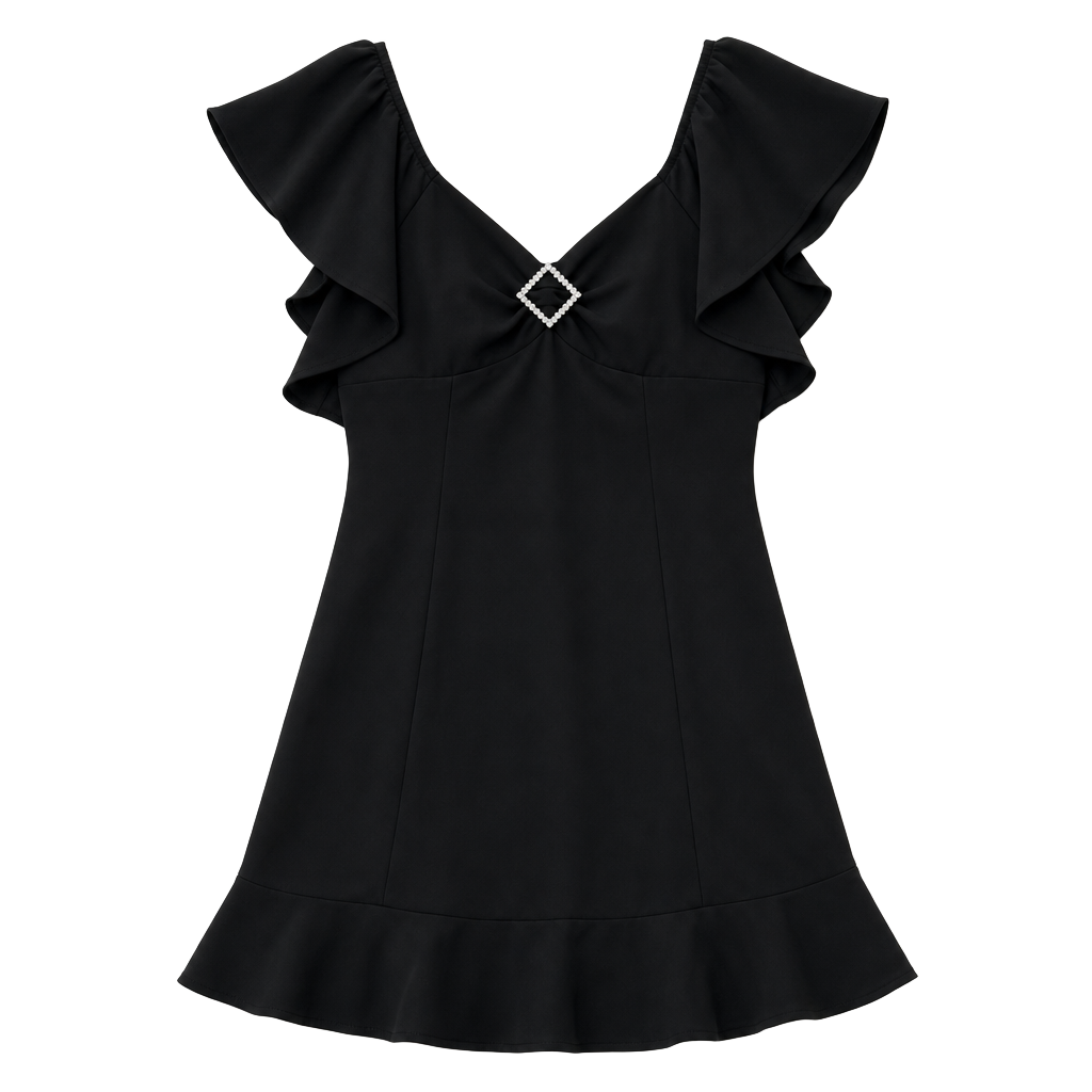 Derek Heart Women's Black Ruffle Sleeve Mini Dress with Rhinestone Brooch Detail 1