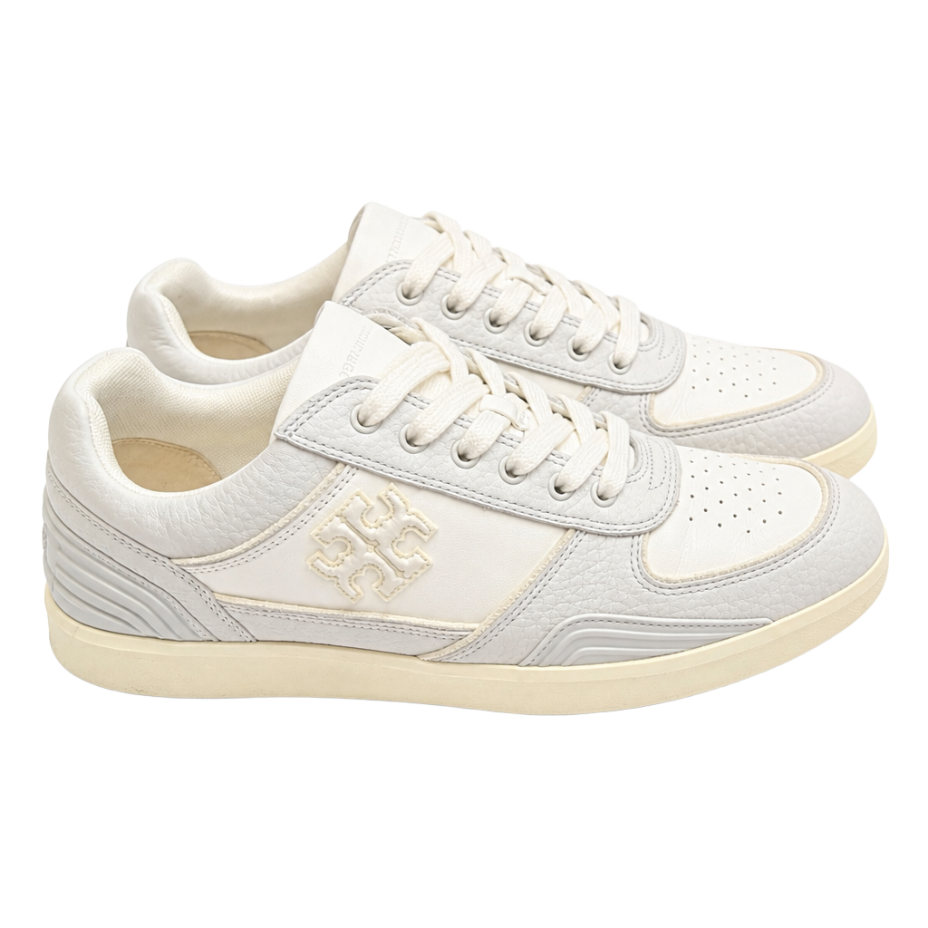 Tory Burch Clover Court Sneaker Size 9M White Titanium Leather Shoes 1