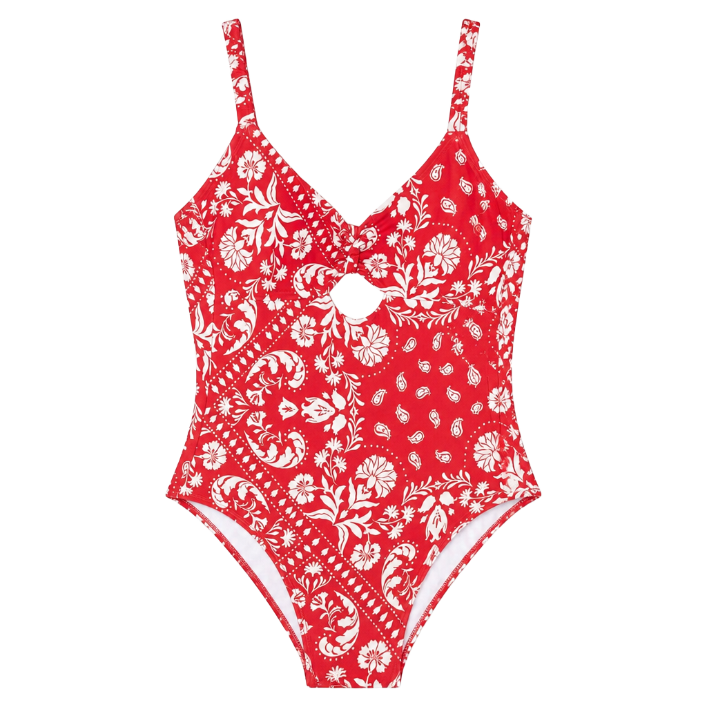 Time and Tru One Piece Swimsuit Size L (12-14) Red Floral Cutout 1