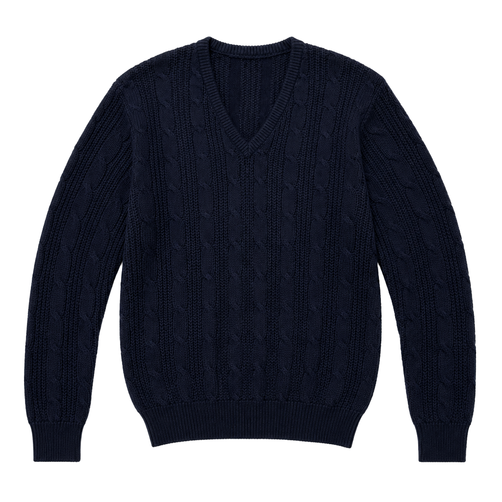 Bobby Jones by Hickey Freeman Navy Blue Cable Knit V-Neck Mercerized Cotton Sweater Vintage look. 1