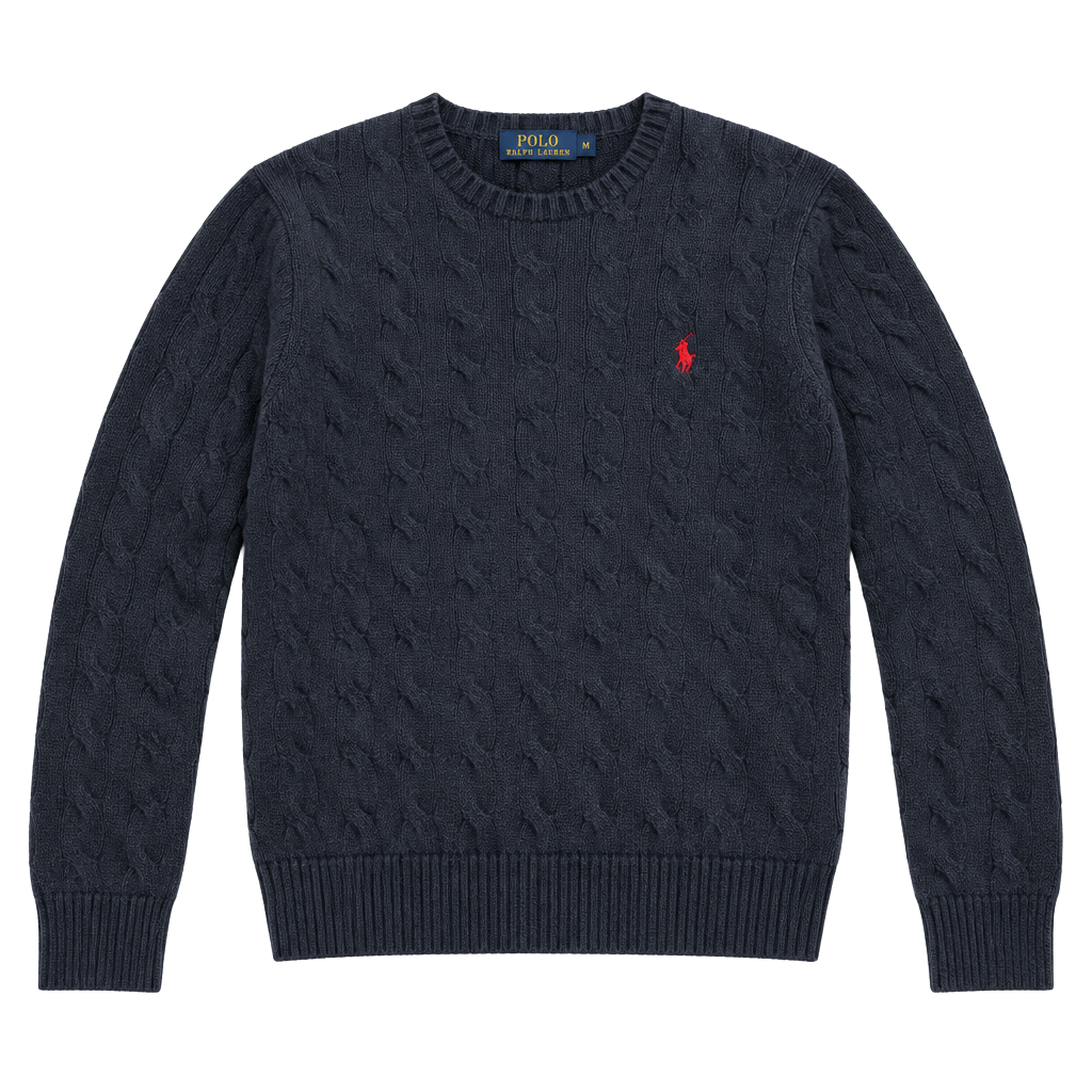Polo Ralph Lauren Cable Knit Sweater Size L/G Navy Red Logo 1