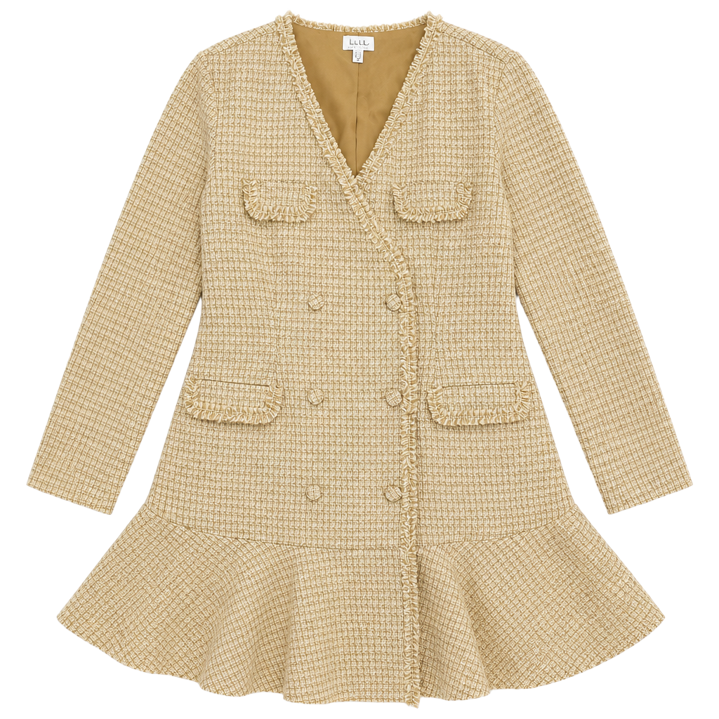 Nicole Miller New York Tweed Dress Size 14 Double Breasted Beige Flounce Hem 1