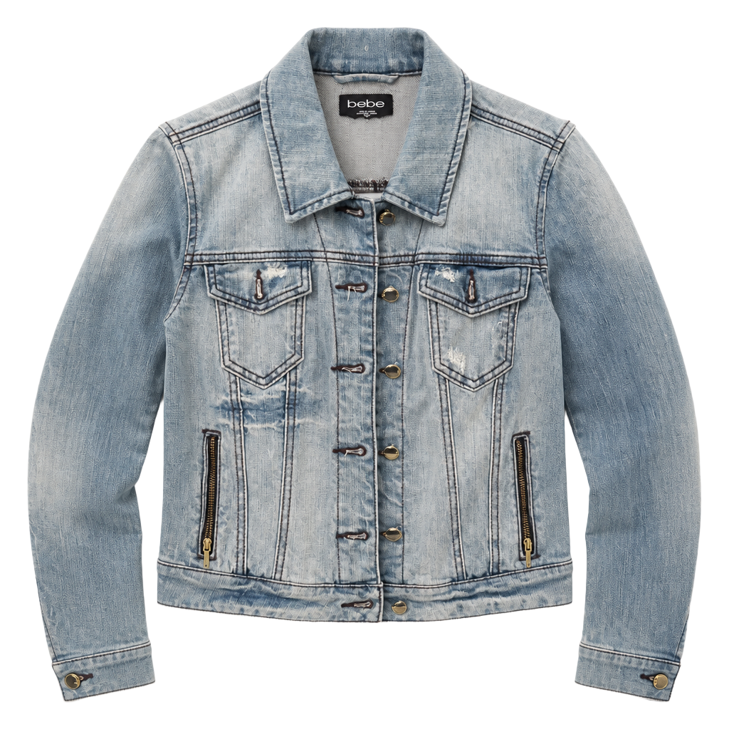 bebe Denim Jacket Size S/P Light Wash Distressed Gold Hardware 1
