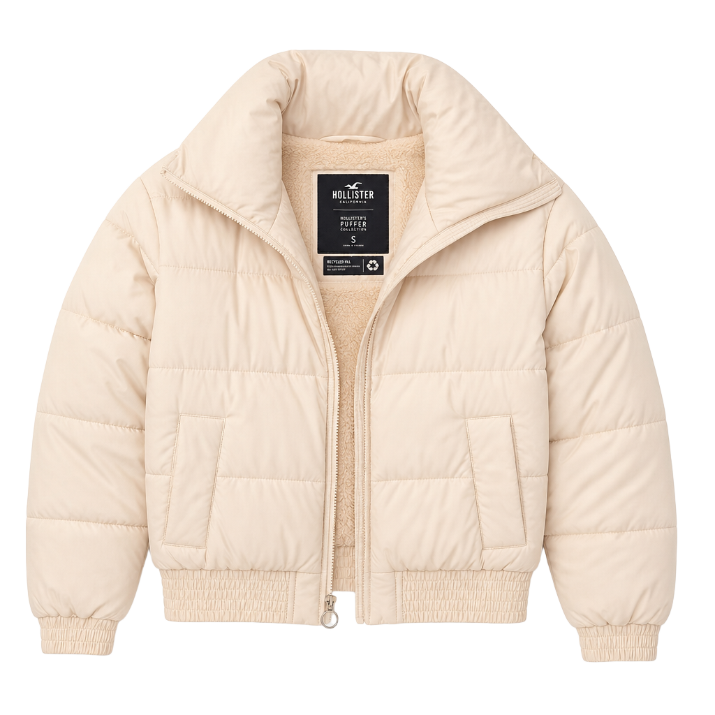 Hollister Puffer Jacket Size White Fleece Lined Collared 1