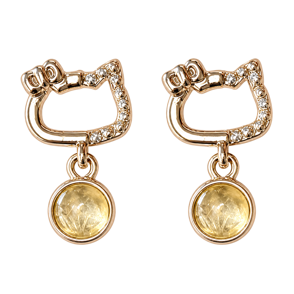 Hello Kitty Dangle Earrings with Citrine • Silver Plated 1