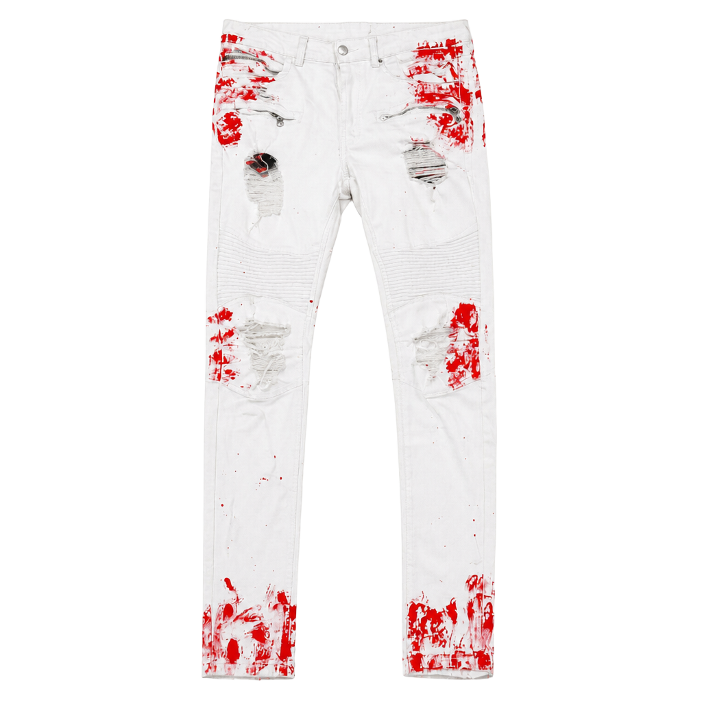 Rockstar Original Men's White Distressed Jeans with Red Blood Splatter Design 1