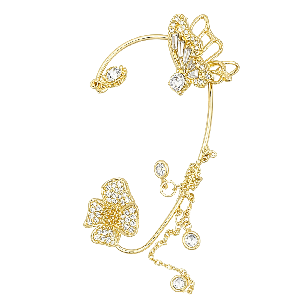 Gold-Tone Butterfly and Floral Rhinestone Chain Ear Cuff 1
