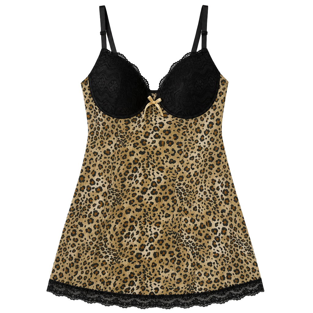 Native Intimates Leopard Print Mesh Lace Trim Chemise Slip Dress 34C/M 1