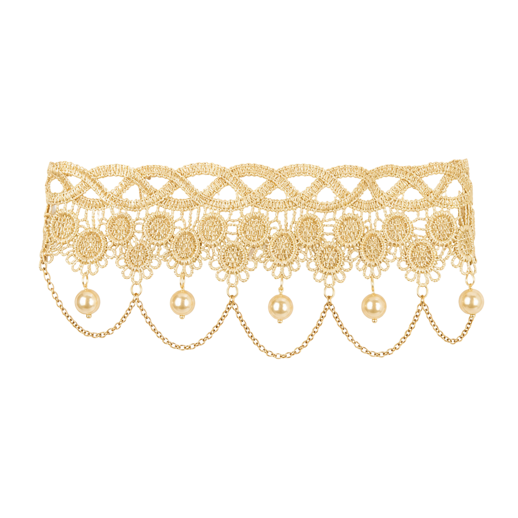 Ivory Lace Choker Necklace with Faux Pearl Drops and Gold Chain Draping 1