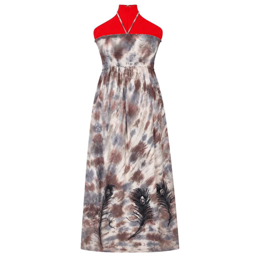 Tie Dye Halter Maxi Dress Smocked Peacock Feather Beach Cover Up 1
