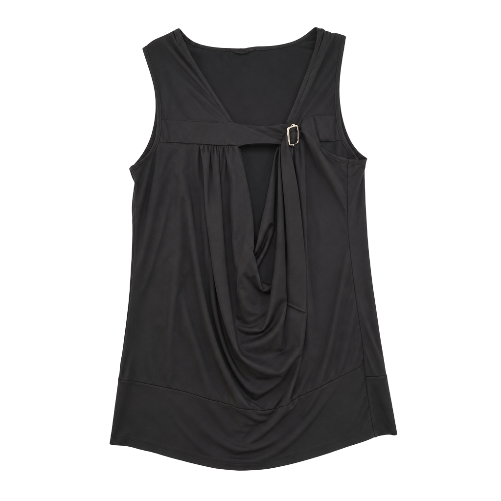 Black Draped Cowl Neck Sleeveless Tank Top with Decorative Side Buckle Detail 1