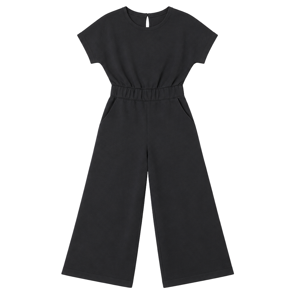 Spanx Airessentials Crop Jumpsuit Size L Black Short Sleeve Wide Leg 1