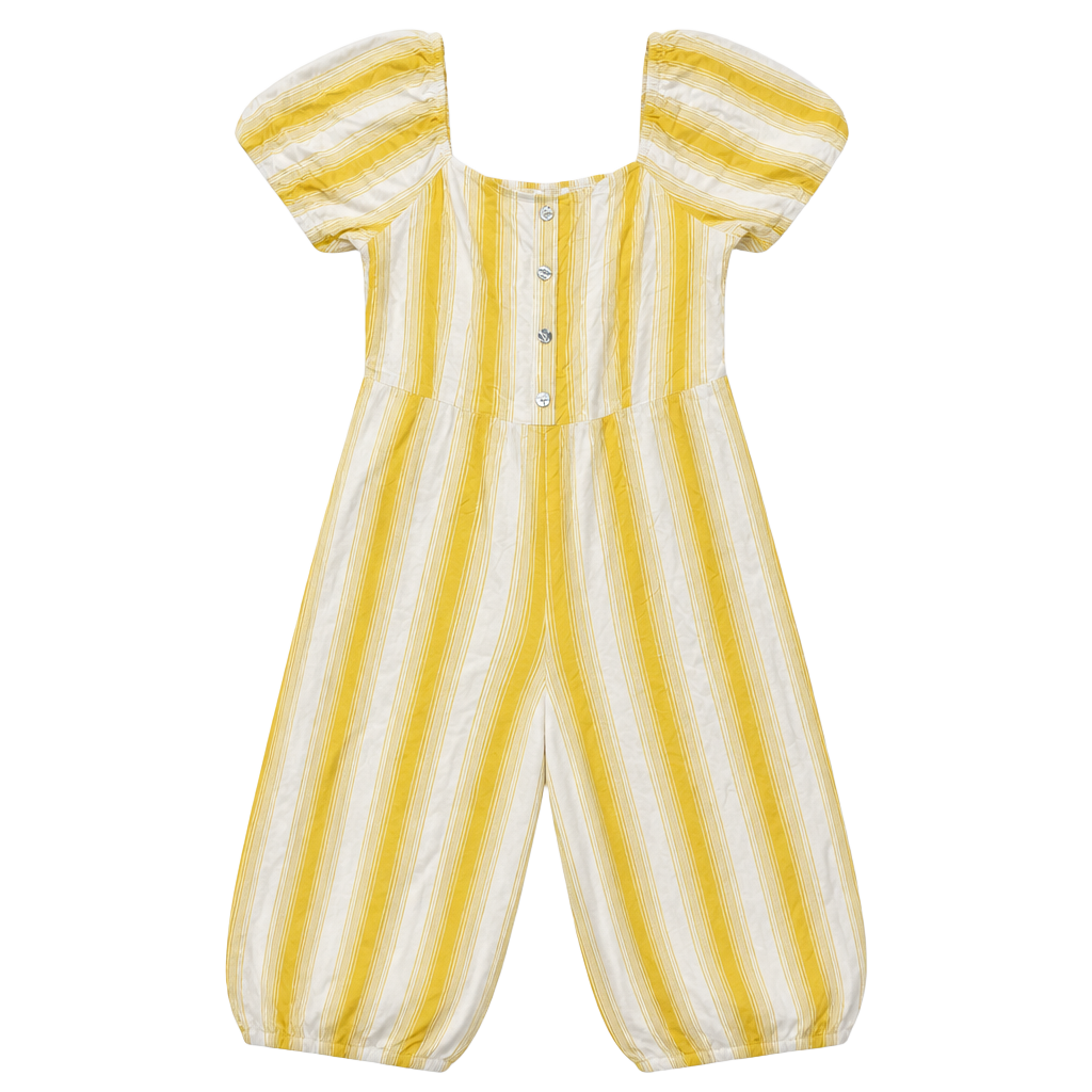Luxology Women’s XL Yellow White Striped Wide Leg Jumpsuit Puff Sleeve NWT 1