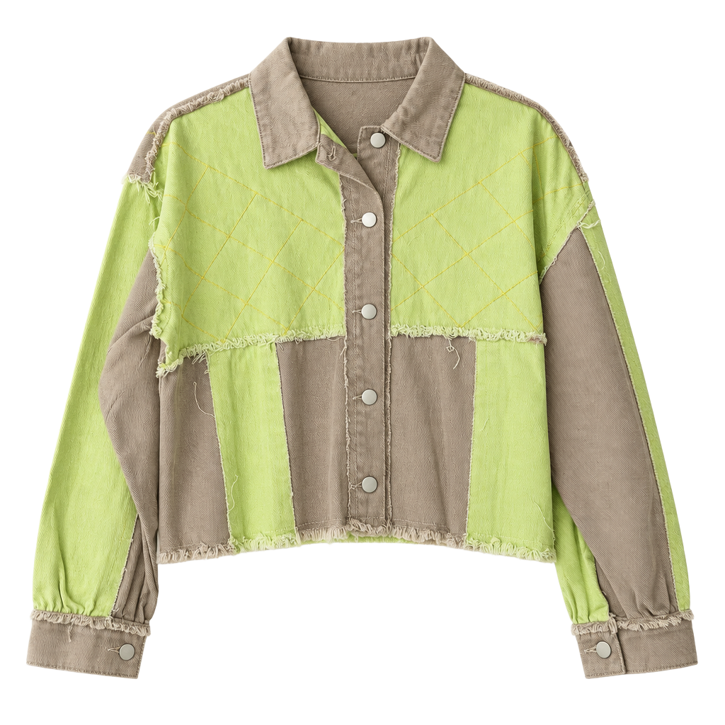 POL Pieced Quilt Jacket Size M Tan Lime Green Patchwork Denim Shacket 1