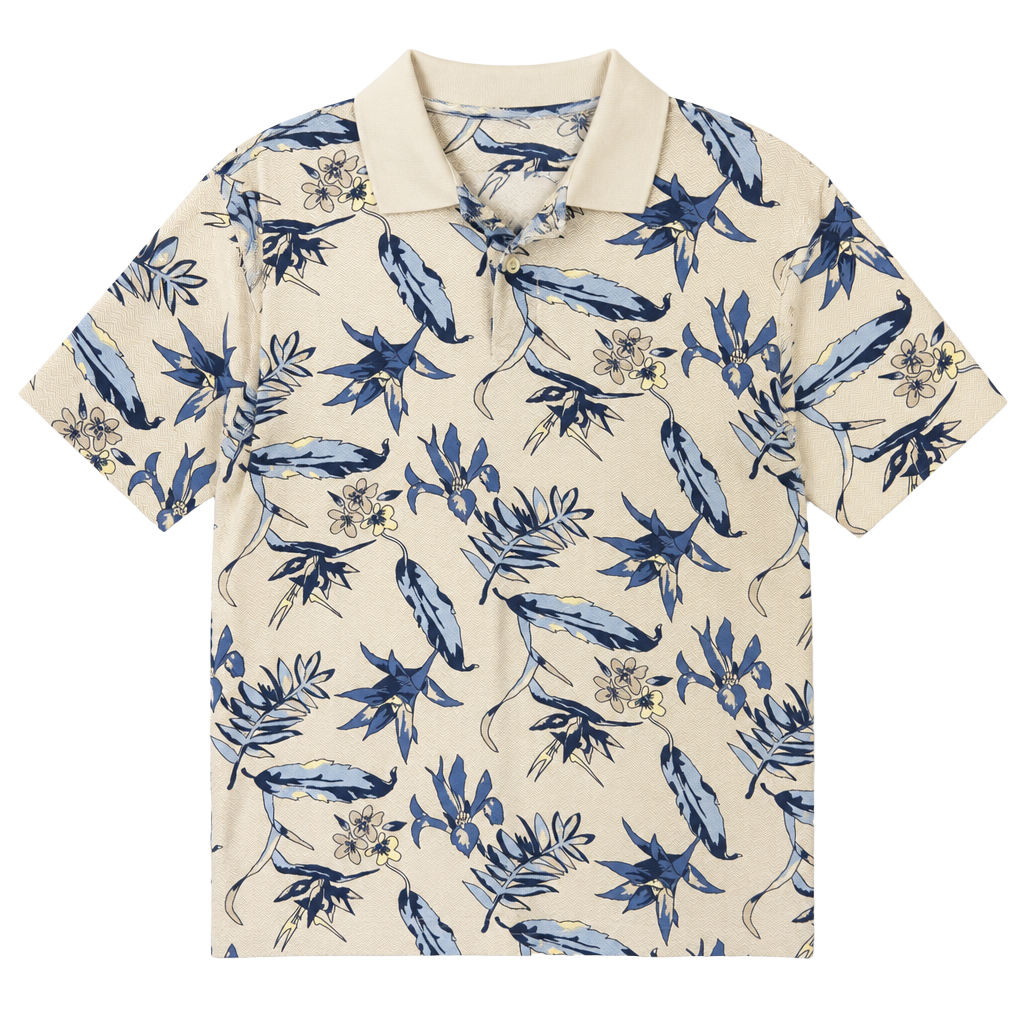 Field Gear Polo Shirt Size L Cream Blue Floral Tropical Hawaiian 1