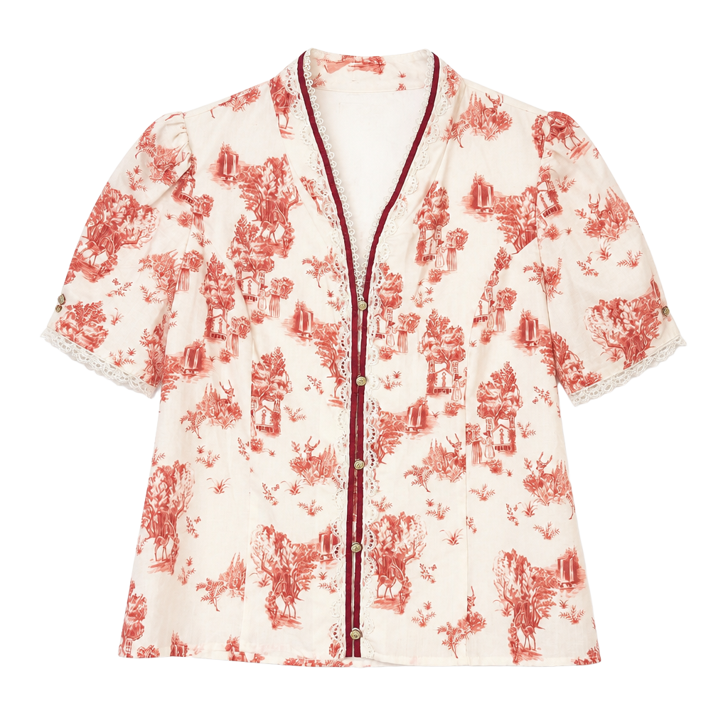 Simple Retro Toile Print Blouse Size L Red White Short Sleeve Button Front 1