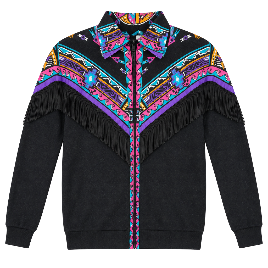 Wamcraft Vintage Southwestern Aztec Print Fringe Zip Up Jacket 1