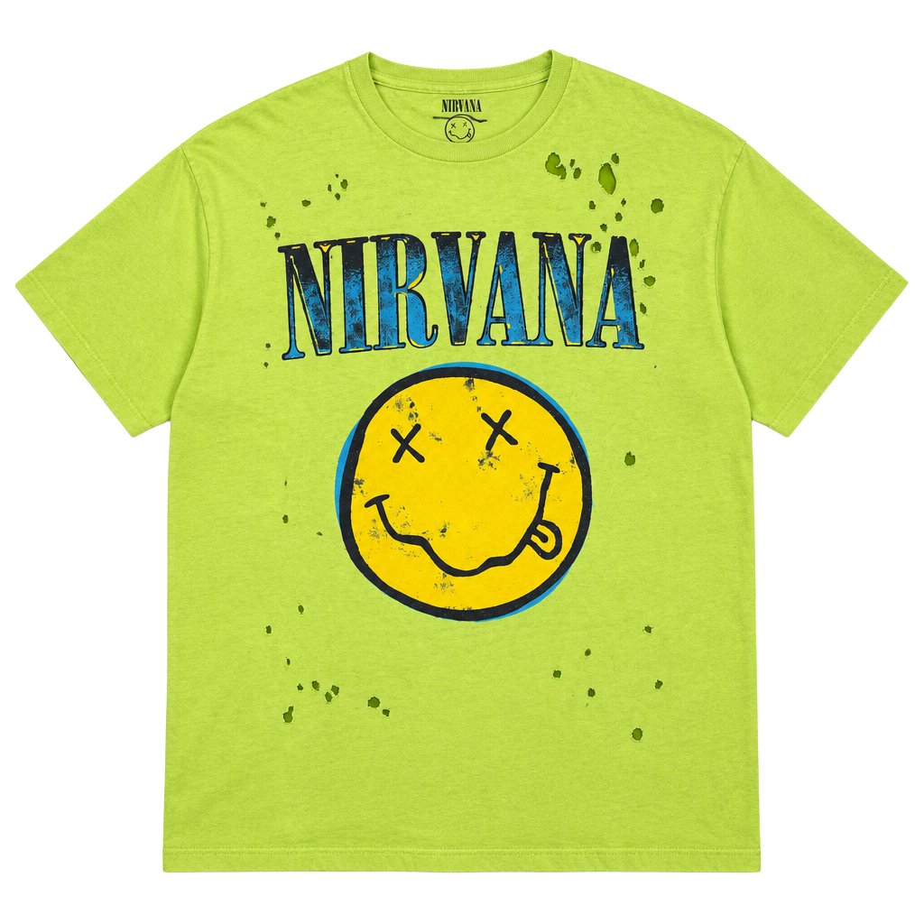Thrashed Nirvana Smiley Face T-Shirt Size 2X Lime Green Graphic Tee 1