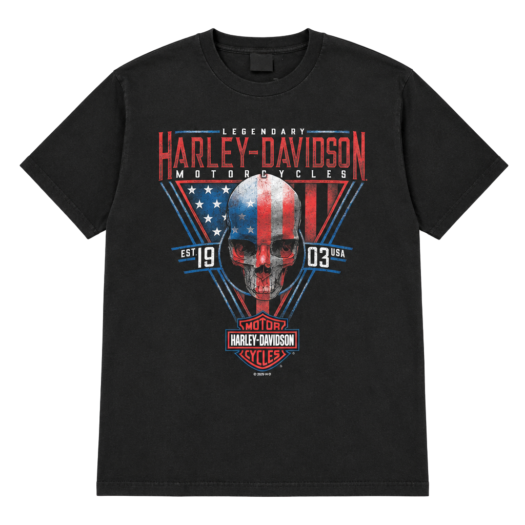 Harley Davidson T-Shirt XL Black Skull American Flag Lisle IL 1
